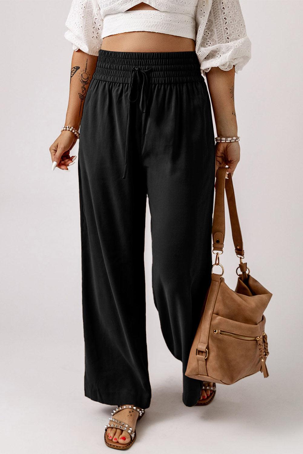 Wide Leg Black Pants with Elastic Waist for Women