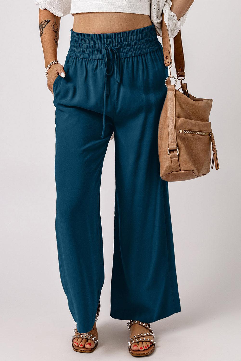 Women Wide Leg Blue Summer Pants with Elastic Waist for Work Casual