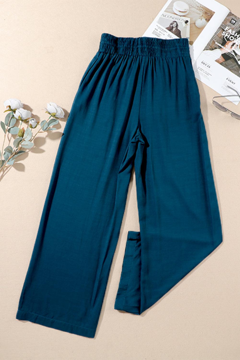 Women Wide Leg Blue Summer Pants with Elastic Waist for Work Casual