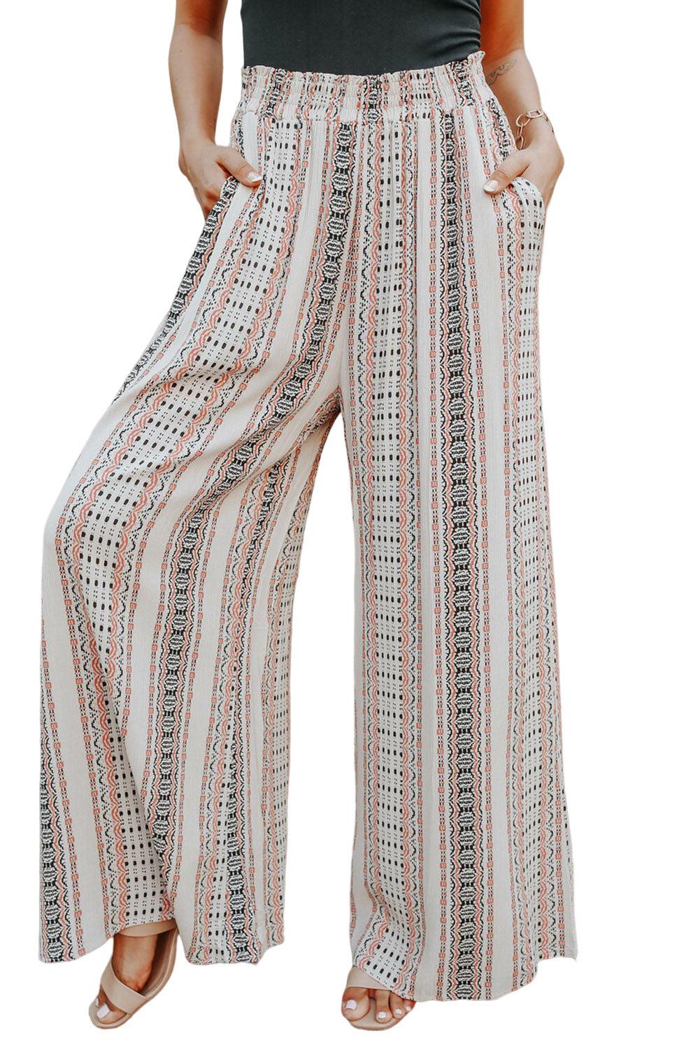 Beige Geometric Pattern Print Shirred Wide Leg Pants – Normendy