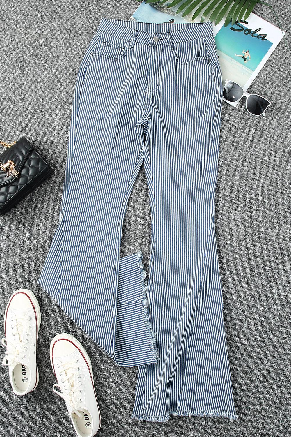 Striped High-Waisted Bell Bottom Denim Pants with Pockets Blue