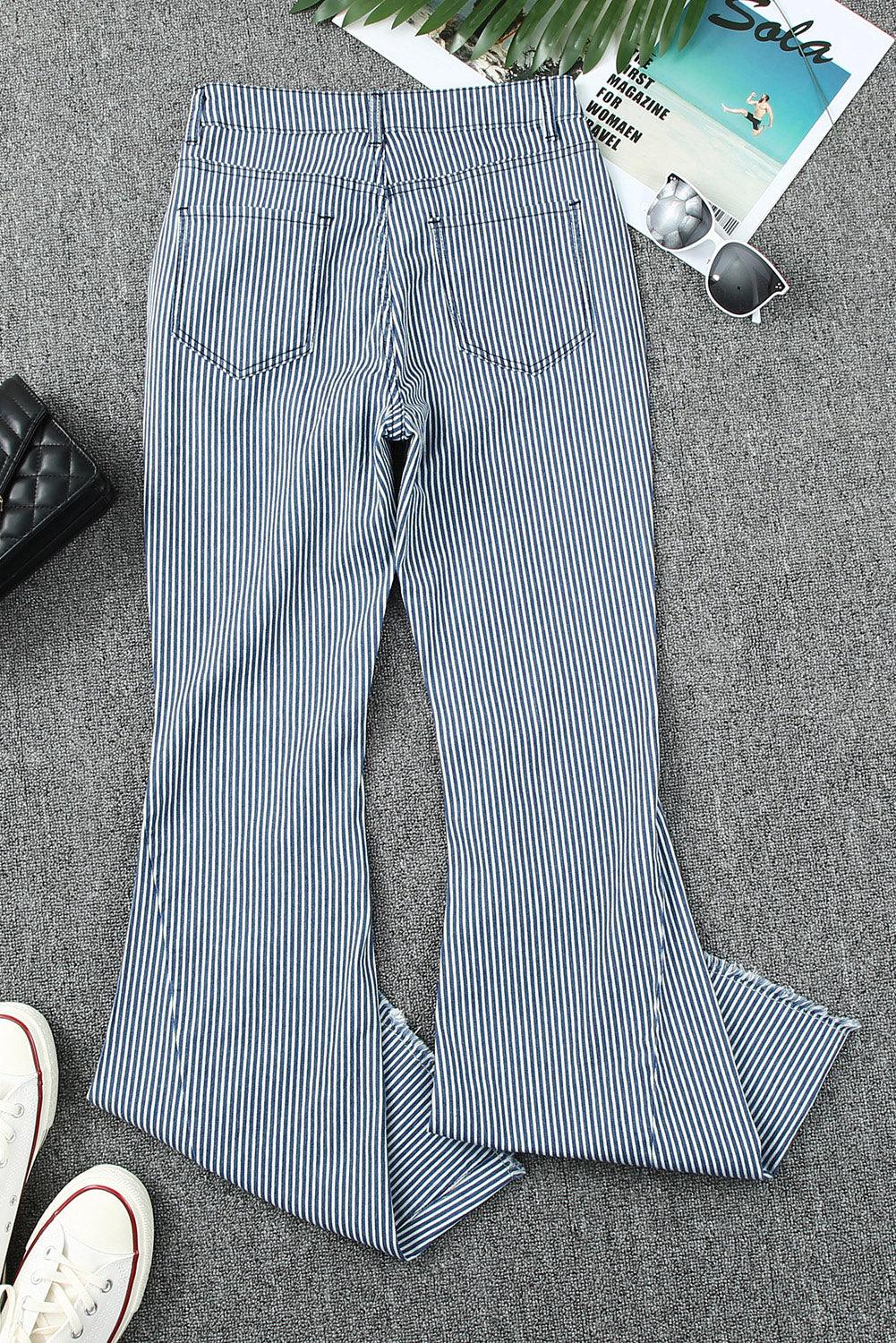 Striped High-Waisted Bell Bottom Denim Pants with Pockets Blue