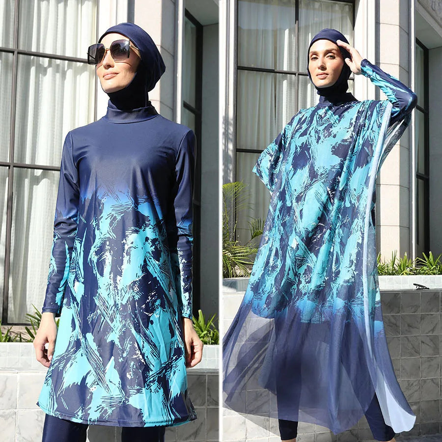 Plus Size 4PCS Burkini Muslim Woman Swimsuit with Full Hijab