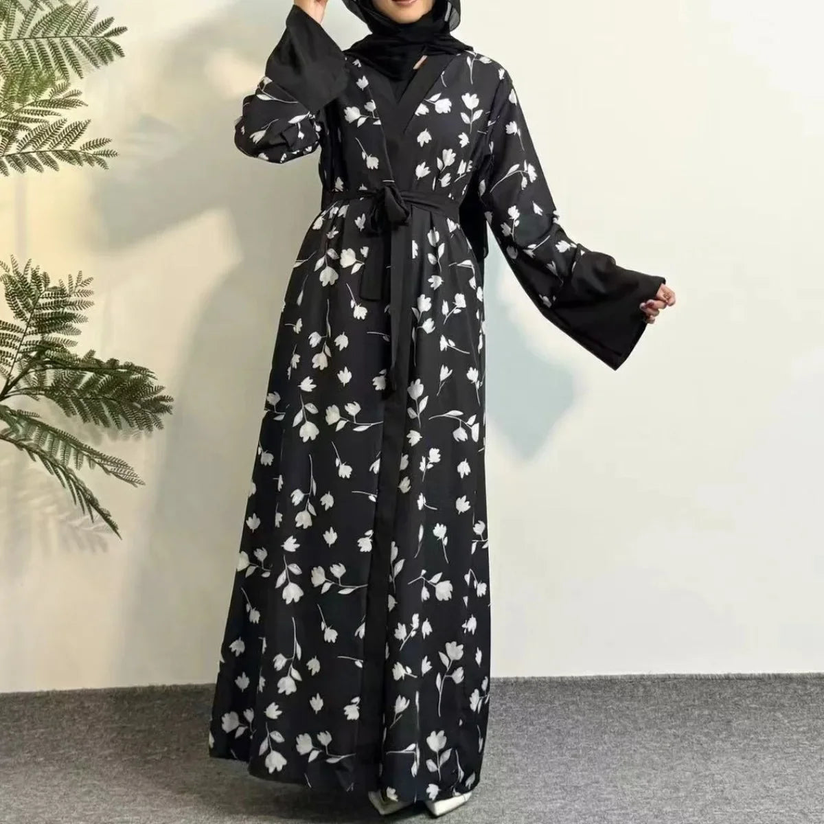 Printed Floral Open Front Abaya With Belt
