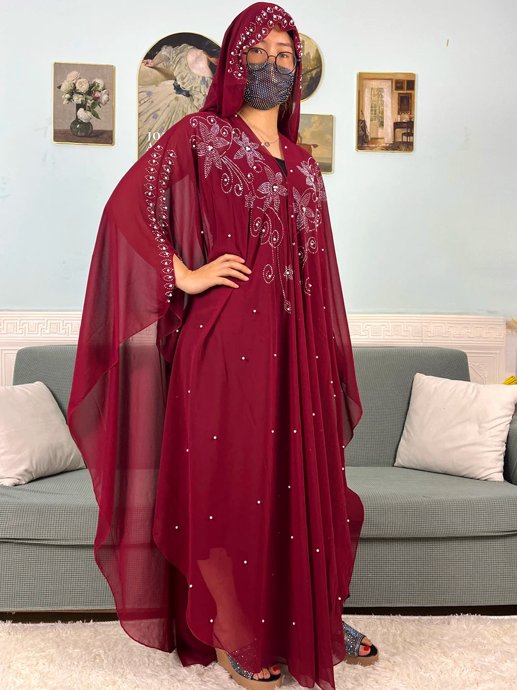 Chiffon Beading Set Diamonds Open Abaya