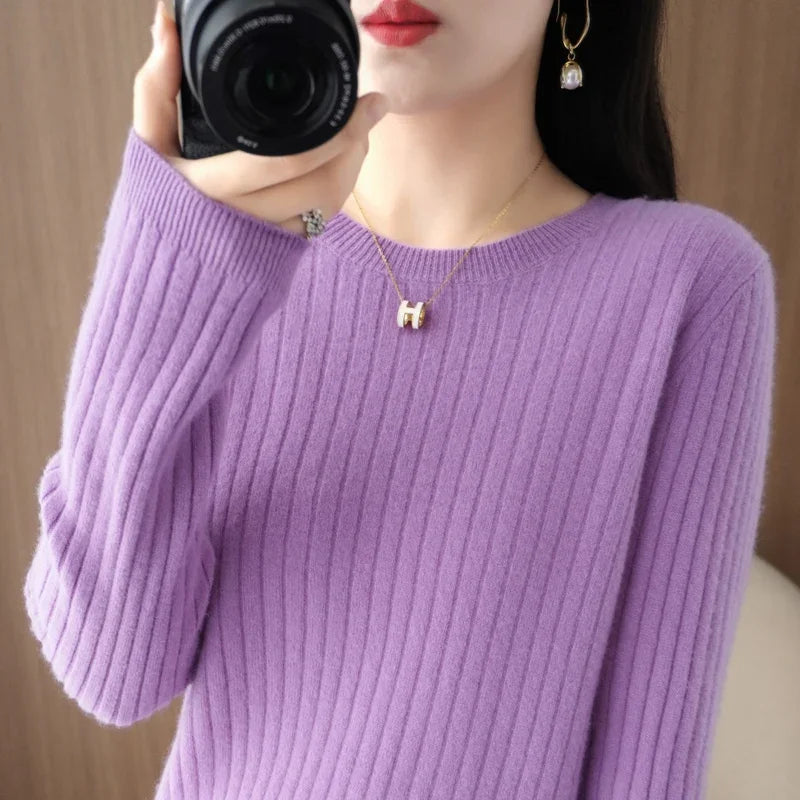 Women Long Sleeve Pullovers O-neck Stripe Sweaters