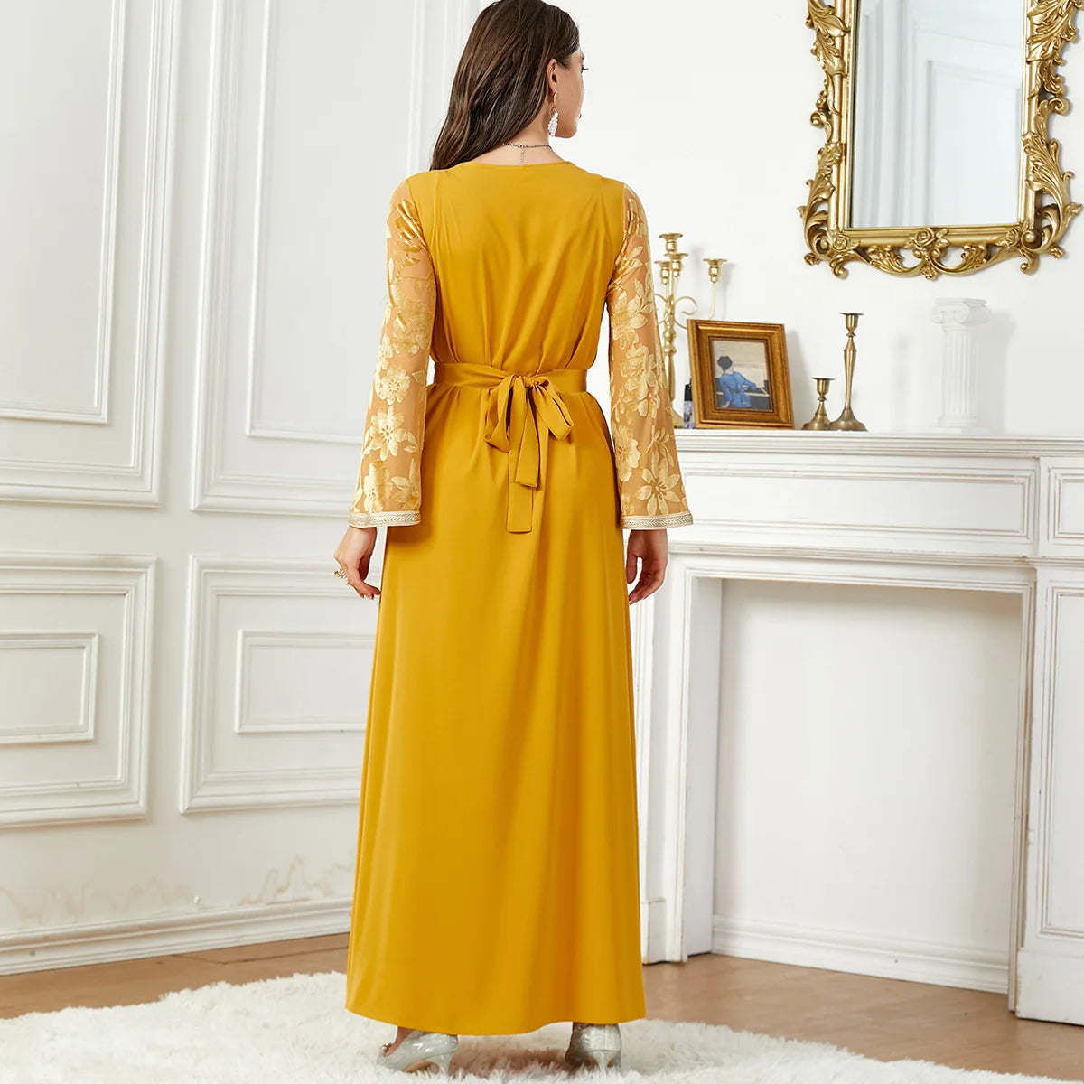 Velvet Long Sleeve V-Neck Belted Dress Jalabiyat Abaya