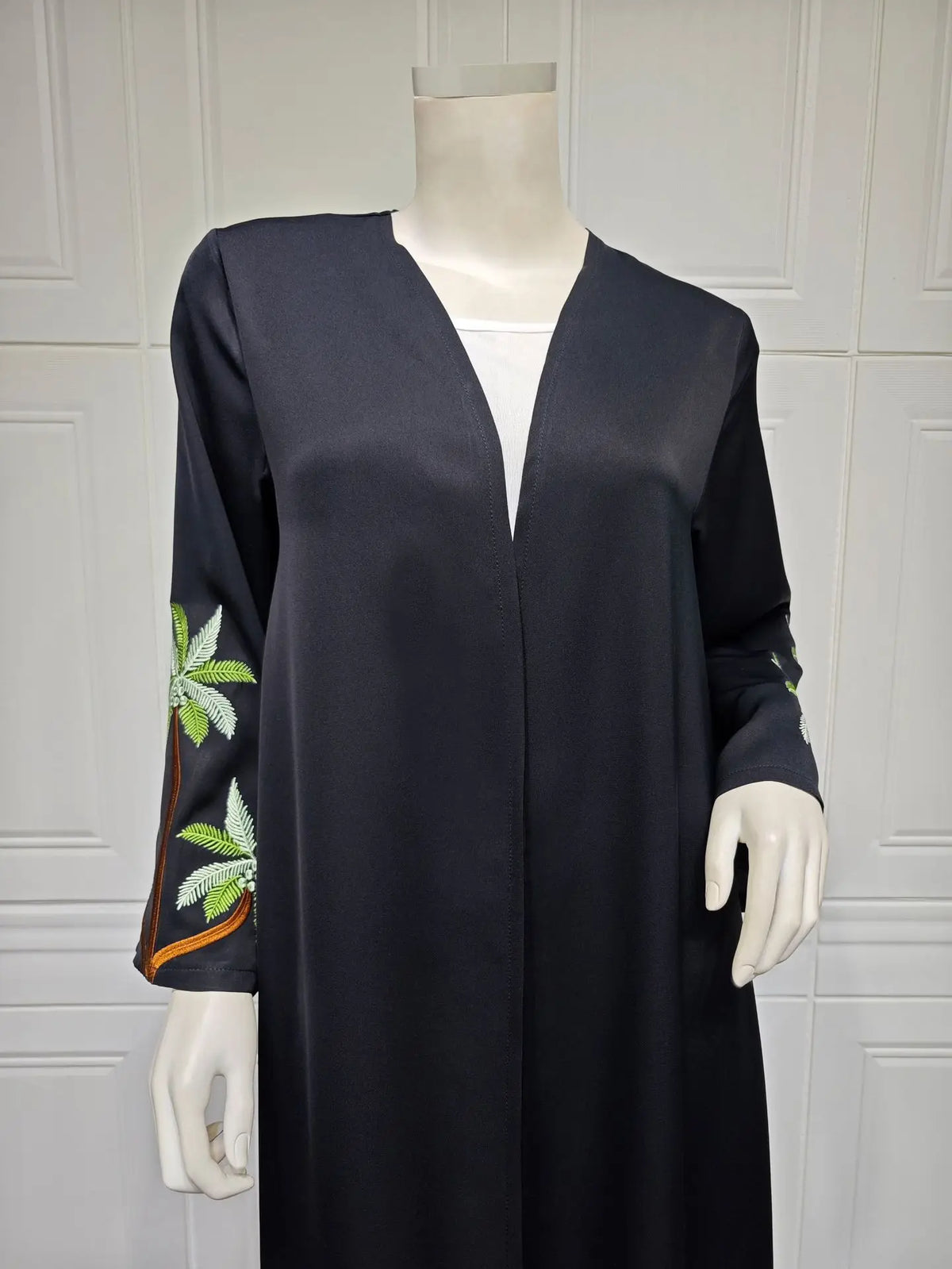 Black Casual Open Kimono Abaya Embroidery Long Sleeve