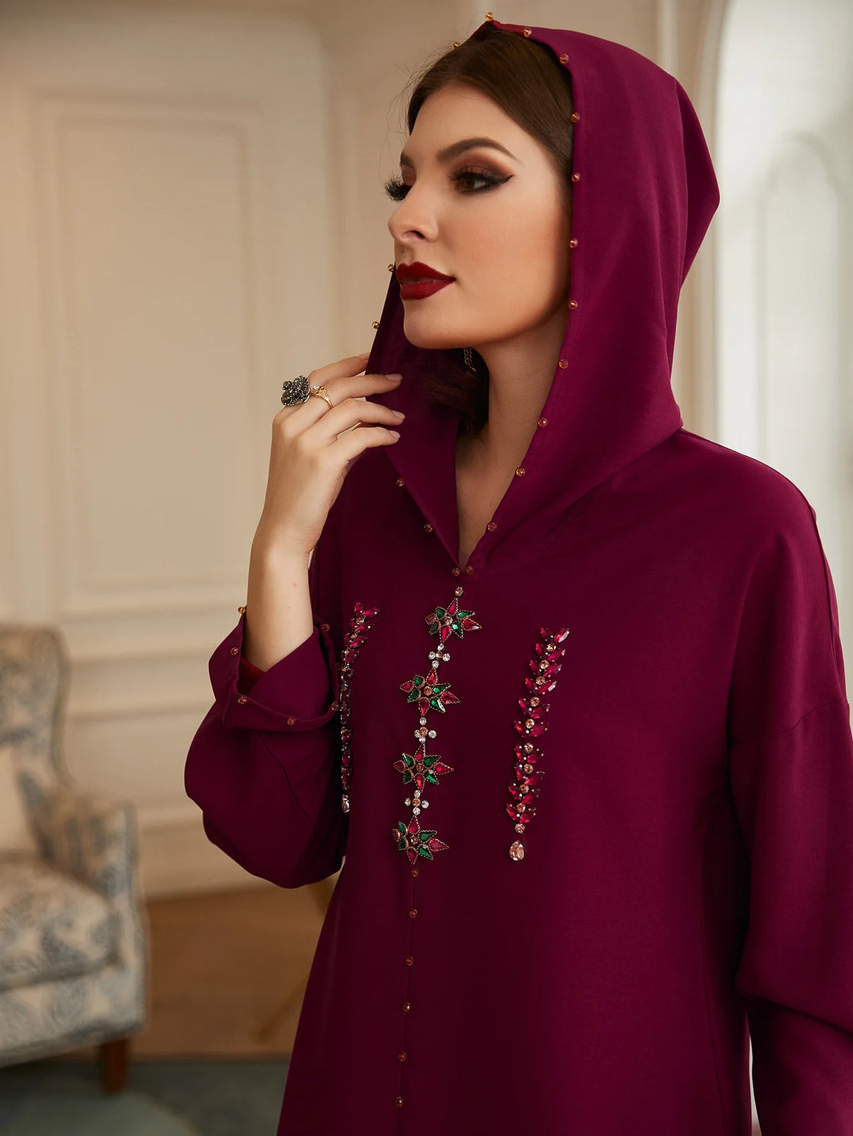 Plus Size Moroccan Jalabya Women Ramadan Islamic V-neck Robe Long Sleeves