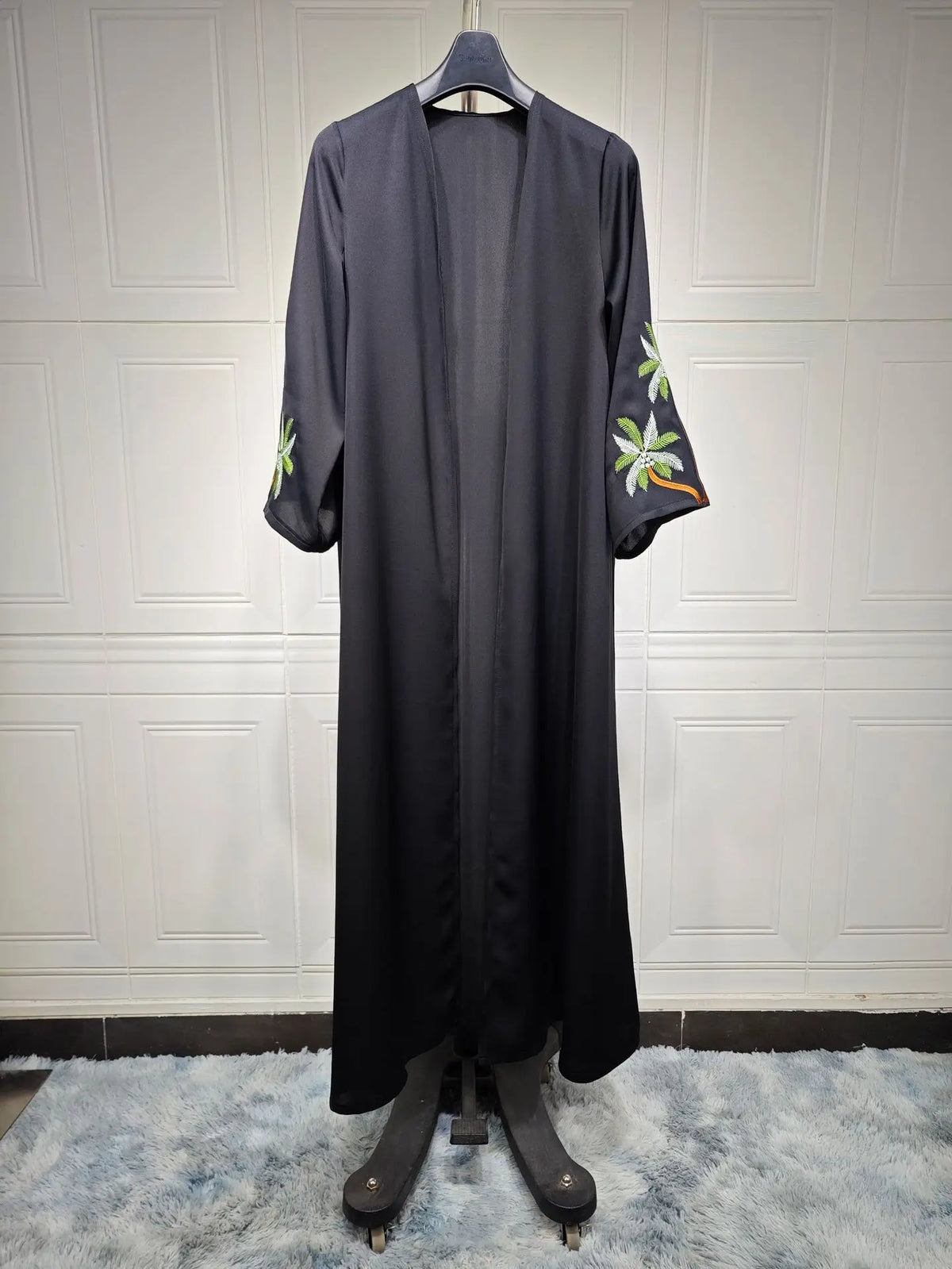 Black Casual Open Kimono Abaya Embroidery Long Sleeve