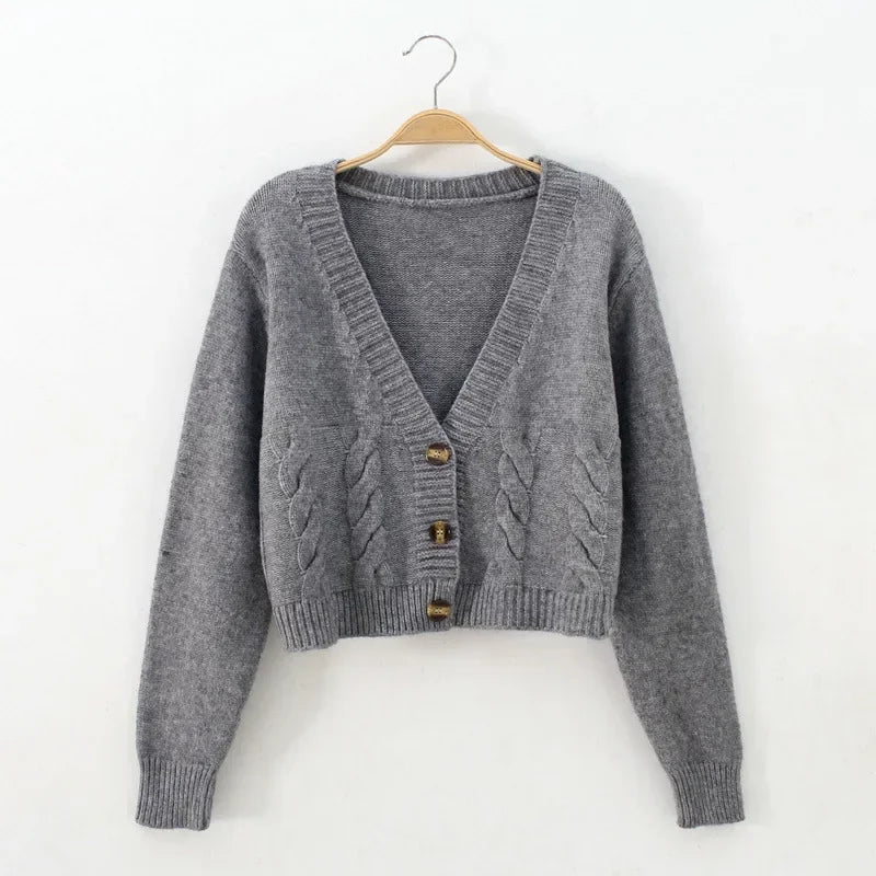 V Neck Cropped Long Sleeve Twist Knitted Sweater