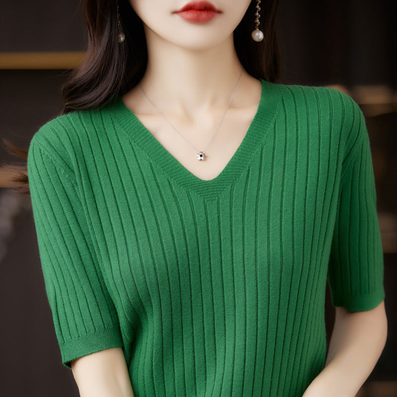 Women's Short Sleeve V-neck Knit Casual Sweater