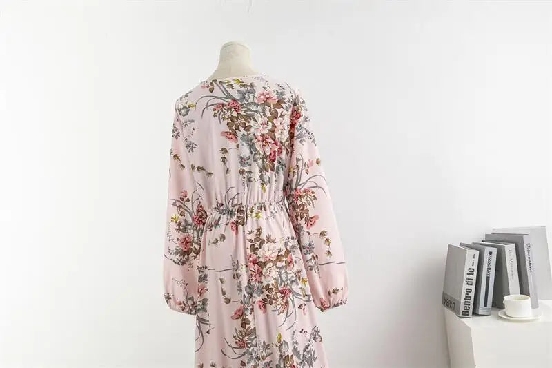 Chiffon Floral Printed Crinkling O-neck Long Sleeve Maxi Dress