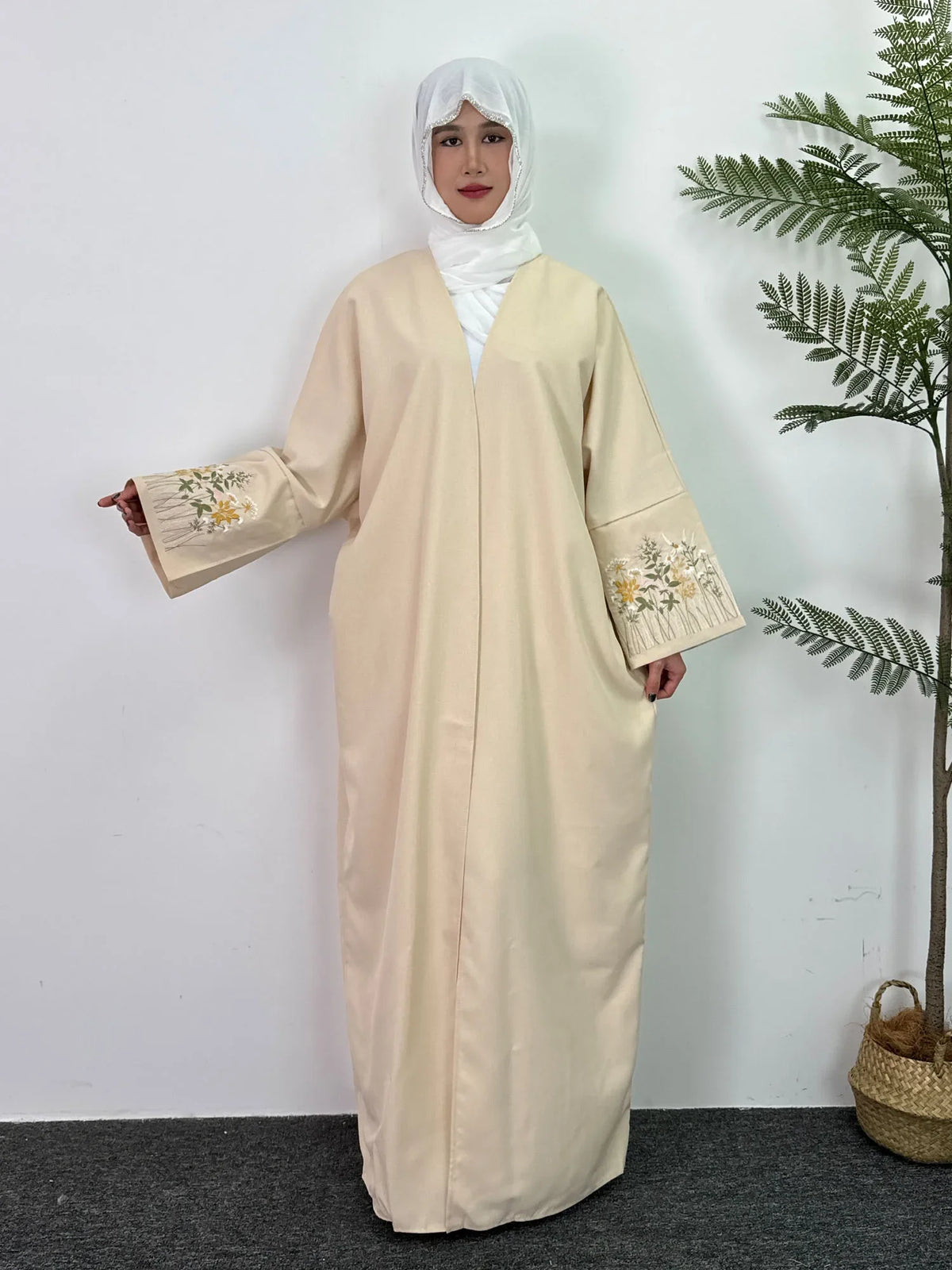 Open Front Abaya Embroidery Floral Long Sleeve