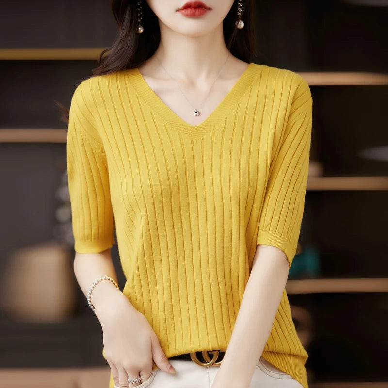 Women's Short Sleeve V-neck Knit Casual Sweater