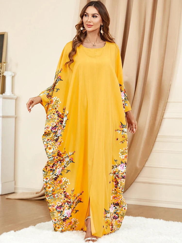 Yellow Robe Bat Sleeves Dubai Muslim Caftan Dress for Eid