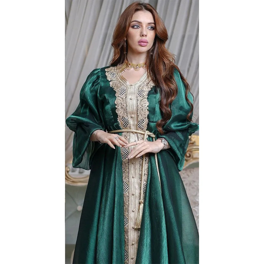 Plus Size Moroccan Kaftan Evening Dress with Embroidery and Lace