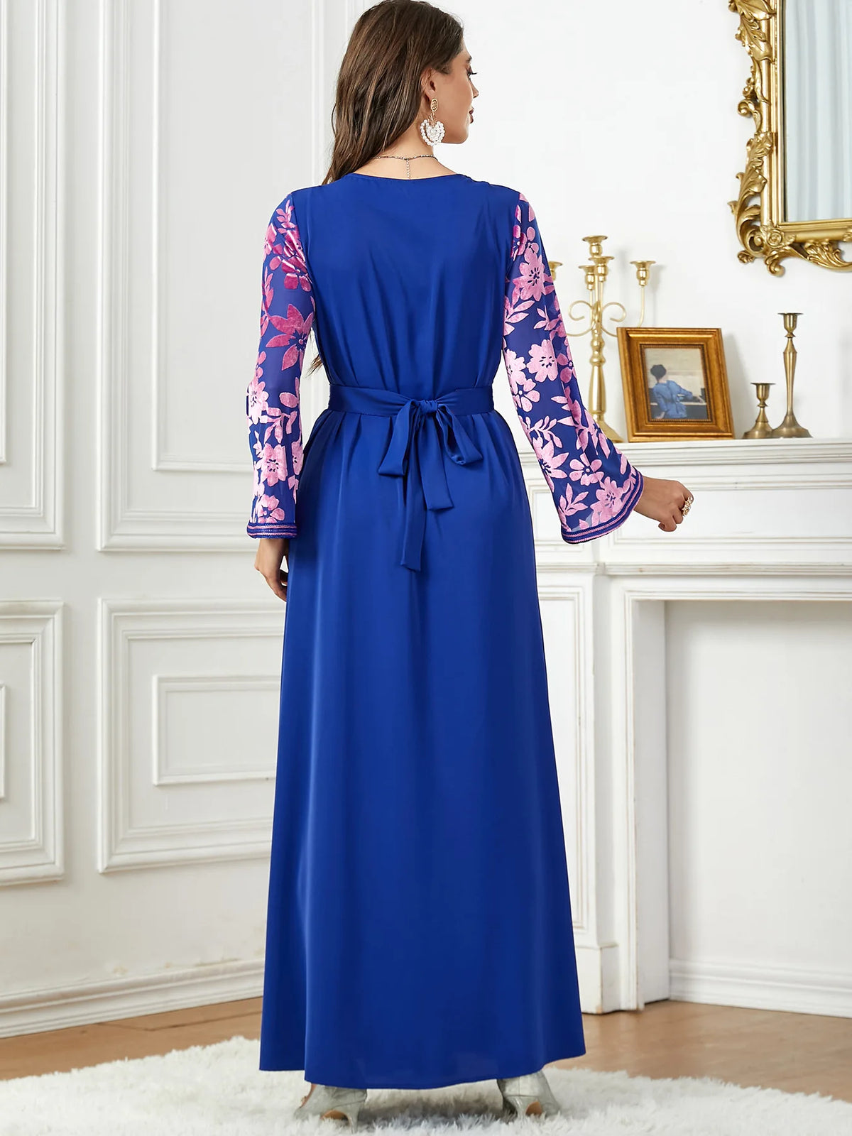 Velvet Long Sleeve V-Neck Belted Dress Jalabiyat Abaya