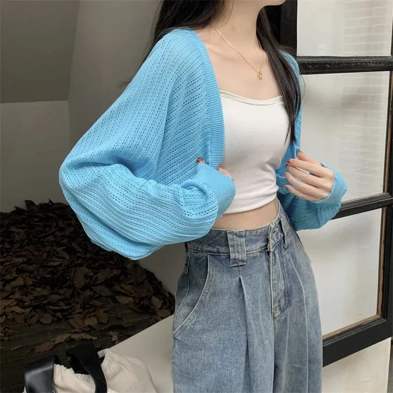 Crop Knit Long Sleeve Cardigan Sweater