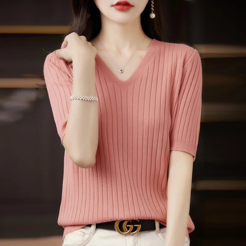 Women's Short Sleeve V-neck Knit Casual Sweater