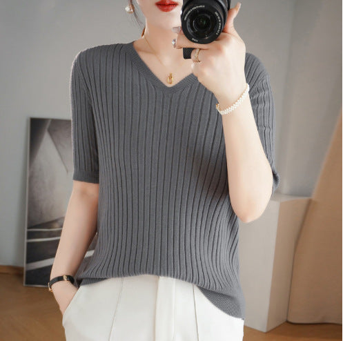 Women's Short Sleeve V-neck Knit Casual Sweater