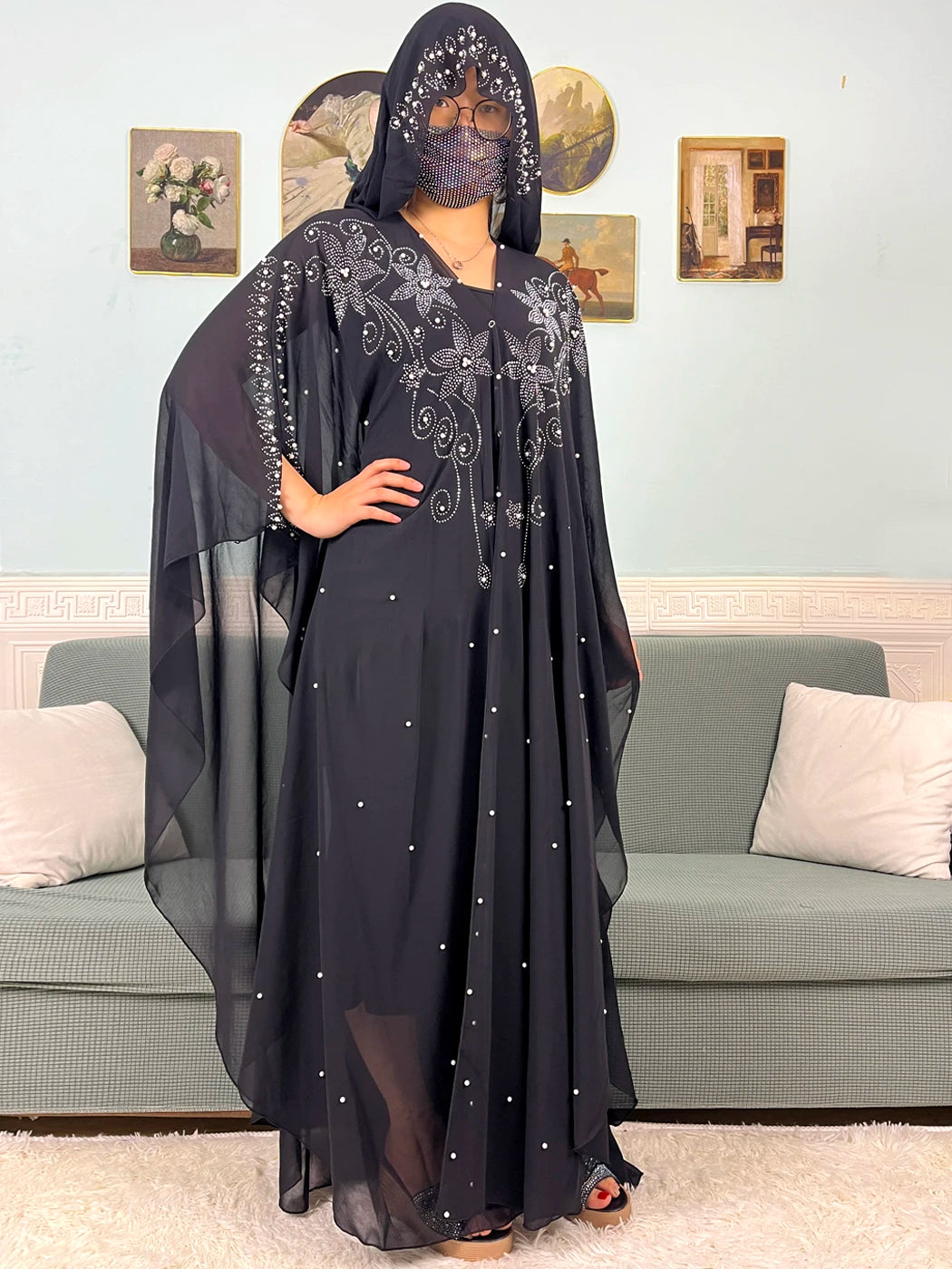 Chiffon Beading Set Diamonds Open Abaya