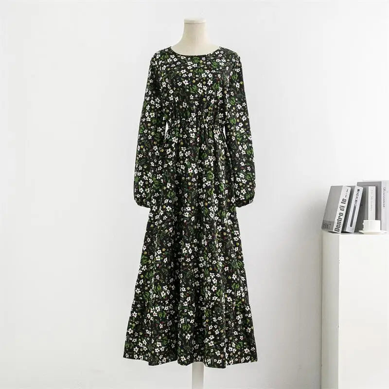 Chiffon Floral Printed Crinkling O-neck Long Sleeve Maxi Dress