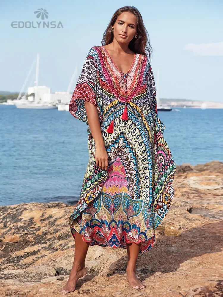 Boho Quick-drying Long Kaftan Burkini Cover-up Plus Size Summer Beachwear