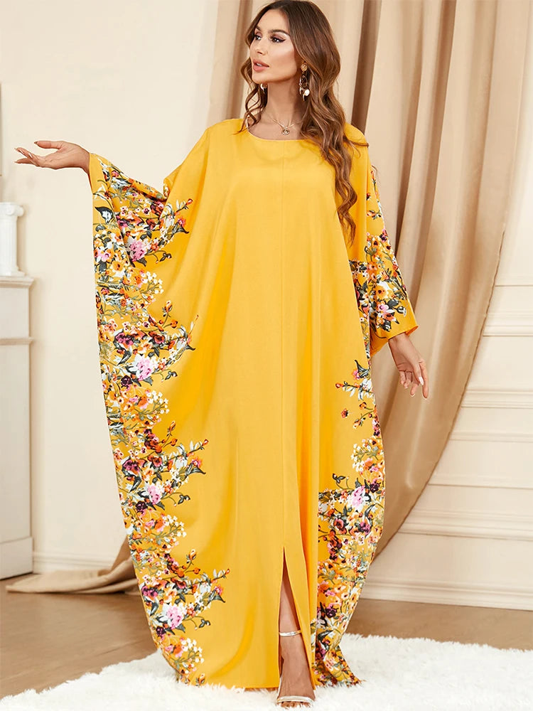 Yellow Robe Bat Sleeves Dubai Muslim Caftan Dress for Eid