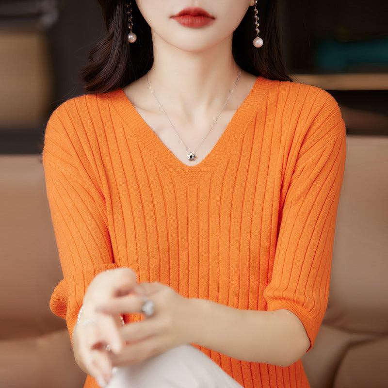 Women's Short Sleeve V-neck Knit Casual Sweater