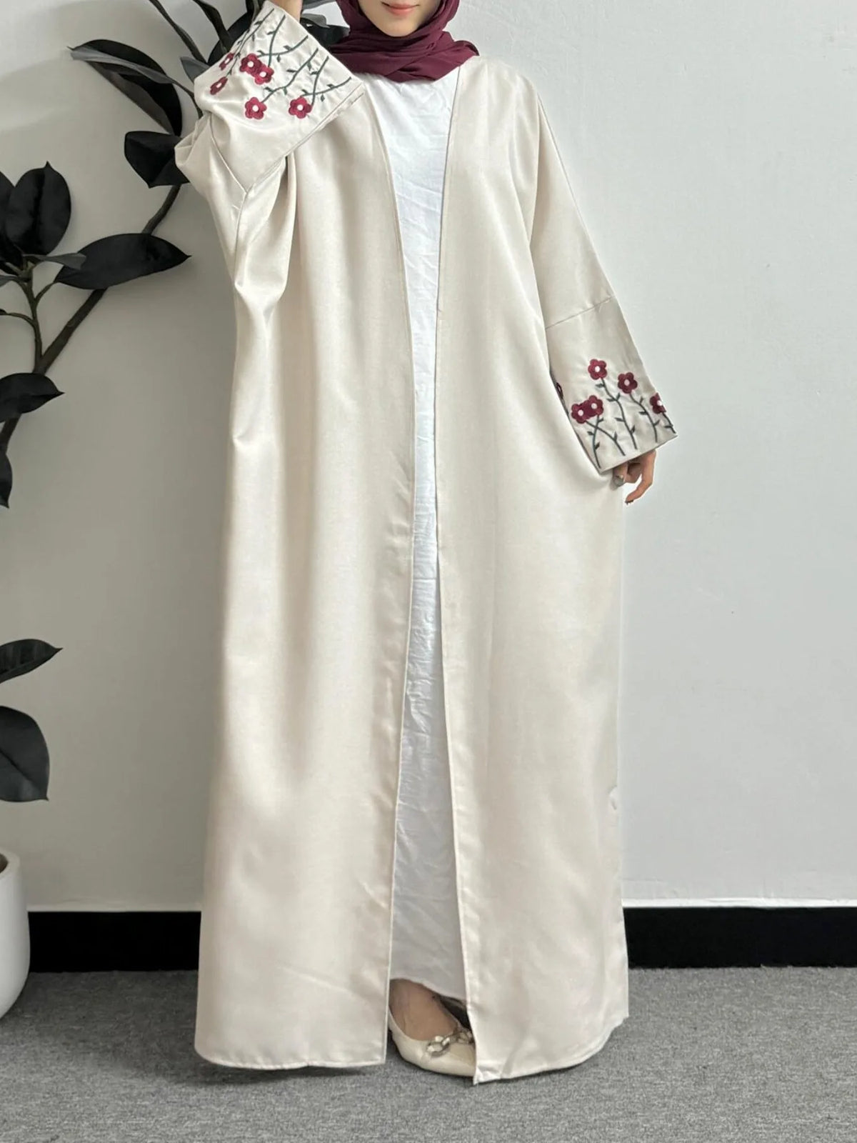 Long Sleeve Embroidery Floral Open Front Abaya