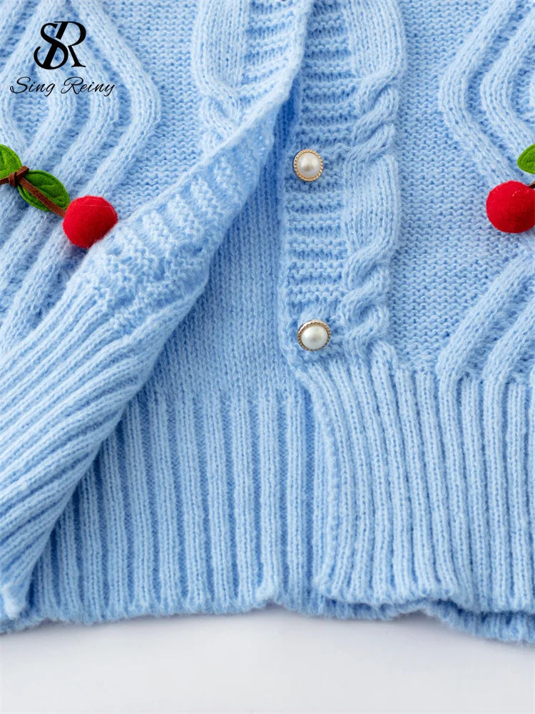 3D Cherry O-Neck Long Sleeves Pearl Button Knitwear Sweater