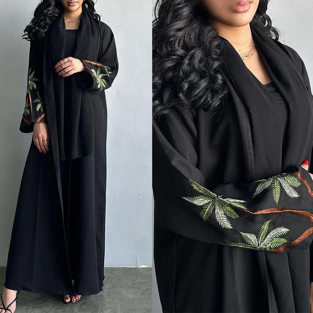 Black Casual Open Kimono Abaya Embroidery Long Sleeve