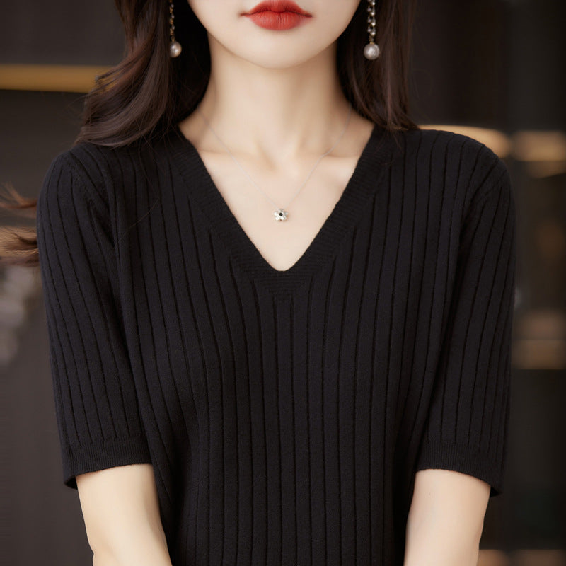 Women's Short Sleeve V-neck Knit Casual Sweater