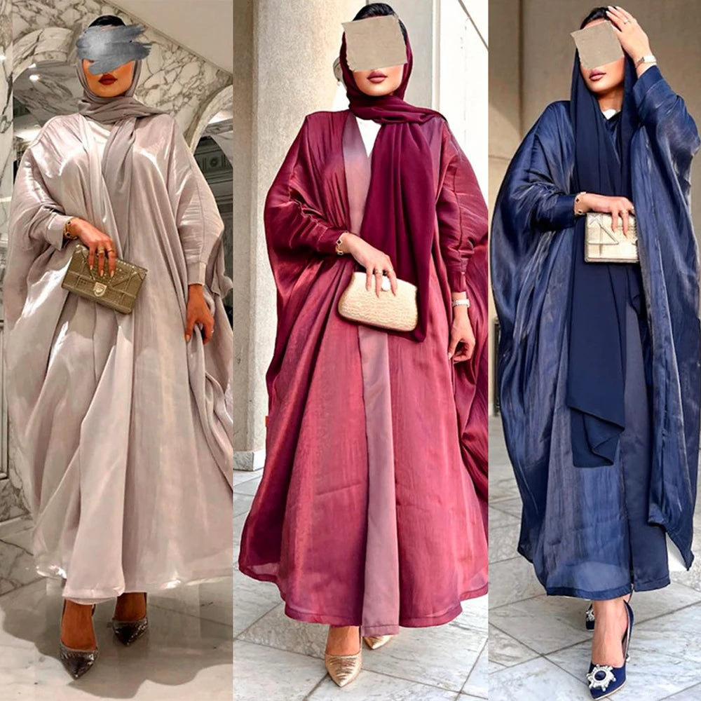 Satin Shiny Fabric Solid Modest Open Kimono Abayas