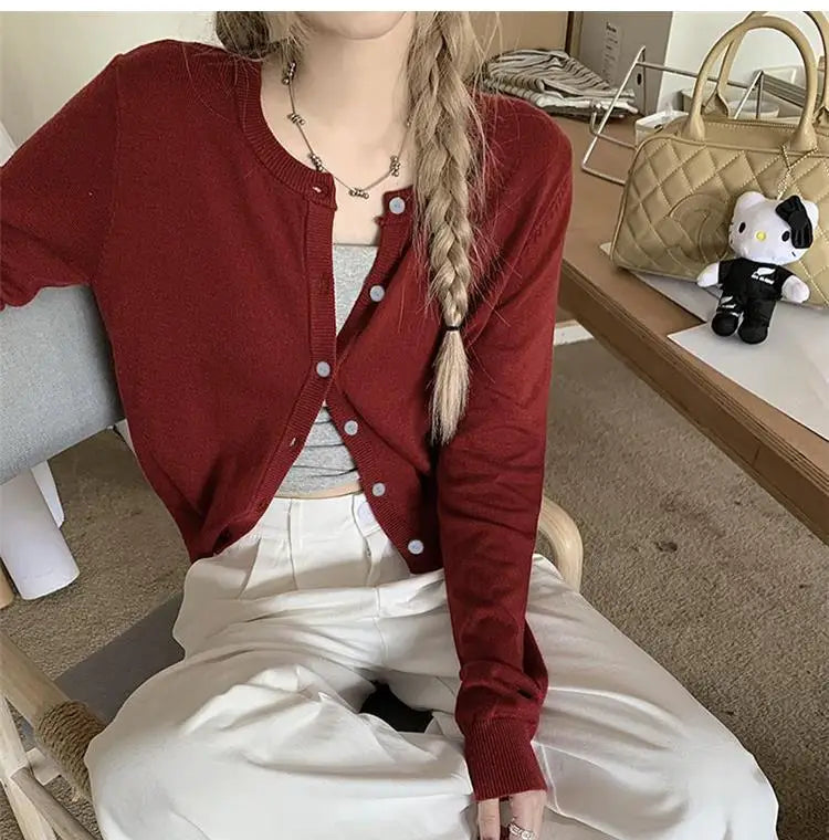 Red Cardigan Long Sleeve Knit Sweater