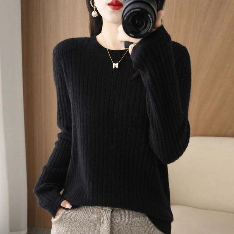 Women Long Sleeve Pullovers O-neck Stripe Sweaters