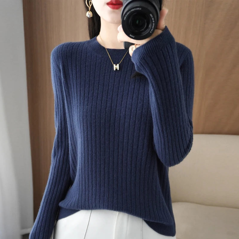 Women Long Sleeve Pullovers O-neck Stripe Sweaters