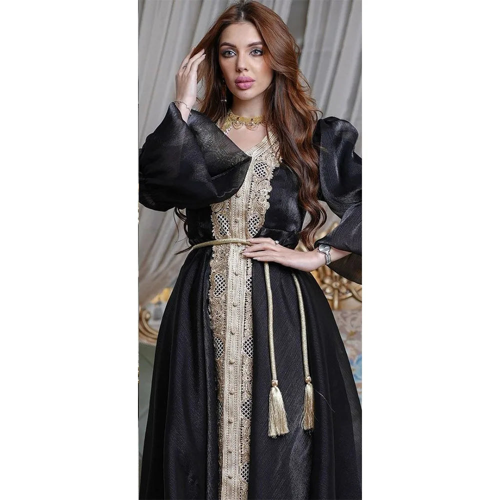 Plus Size Moroccan Kaftan Evening Dress with Embroidery and Lace