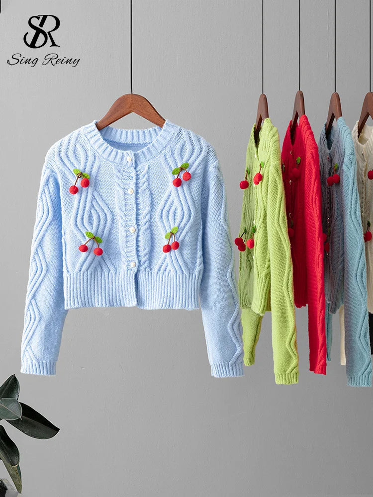 3D Cherry O-Neck Long Sleeves Pearl Button Knitwear Sweater