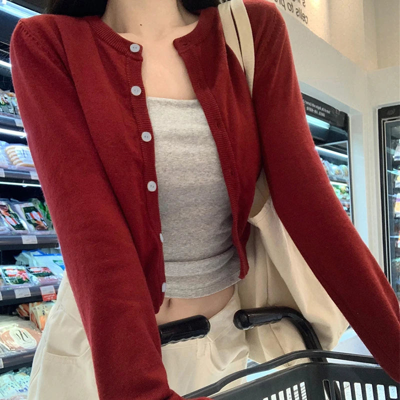 Red Cardigan Long Sleeve Knit Sweater