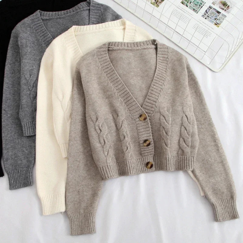 V Neck Cropped Long Sleeve Twist Knitted Sweater