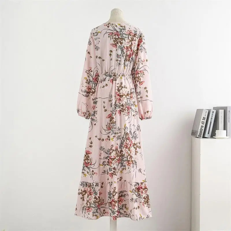 Chiffon Floral Printed Crinkling O-neck Long Sleeve Maxi Dress