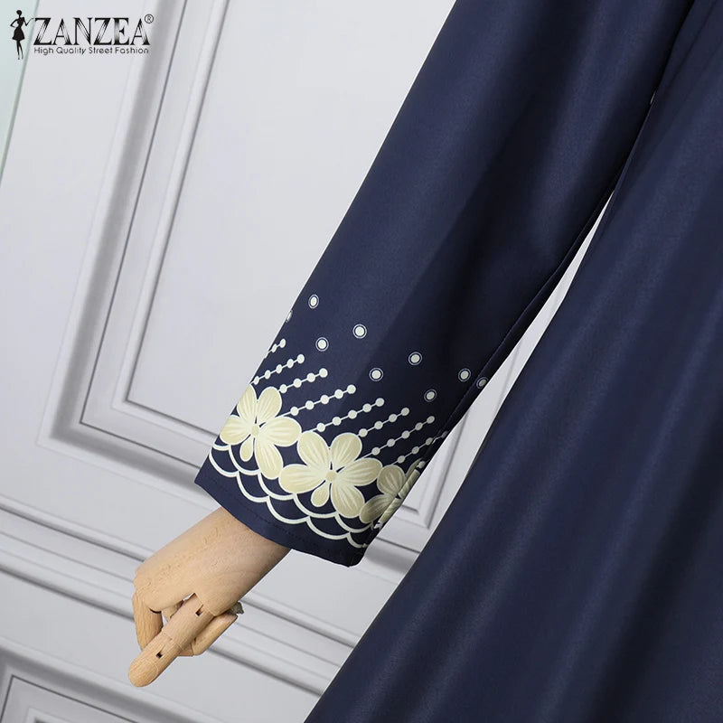 Elegant Floral Printed Loose O-Neck Long Sleeve Abaya