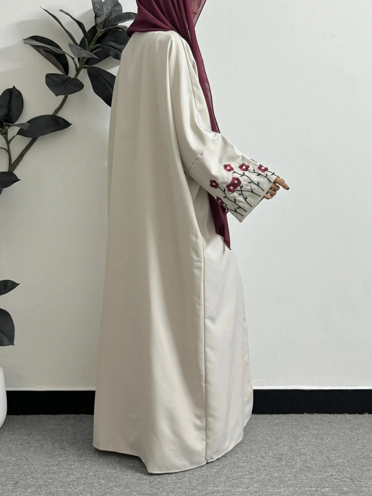 Long Sleeve Embroidery Floral Open Front Abaya