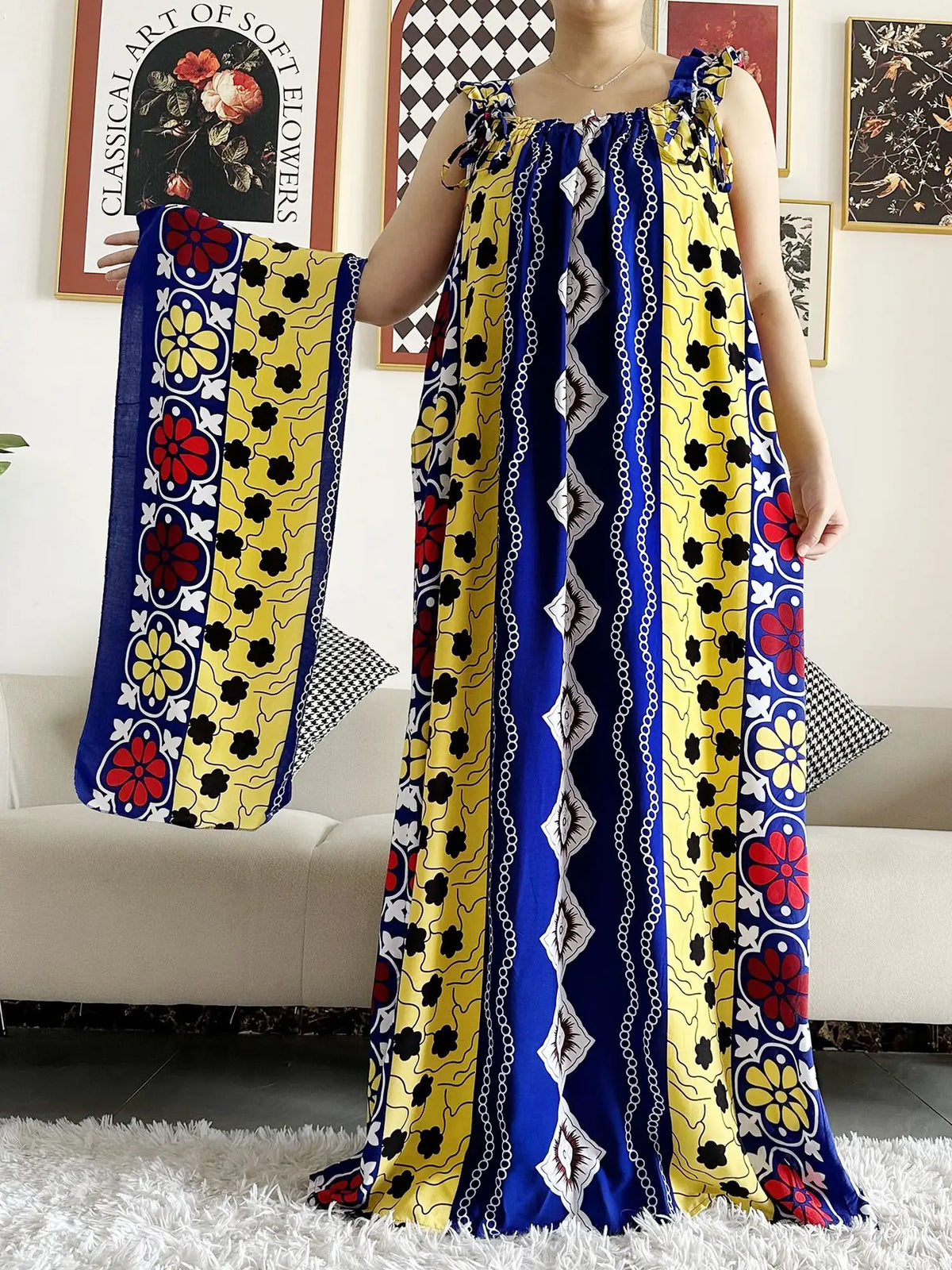 Sleeveless Everyday African Dashiki Cotton Abaya Dress with Scarf