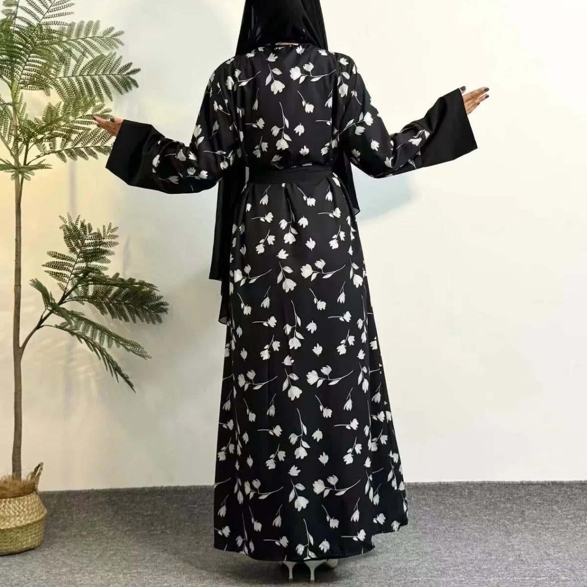 Printed Floral Open Front Abaya With Belt