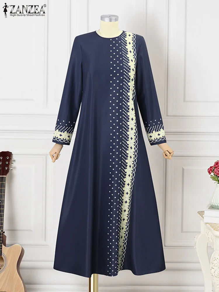 Elegant Floral Printed Loose O-Neck Long Sleeve Abaya