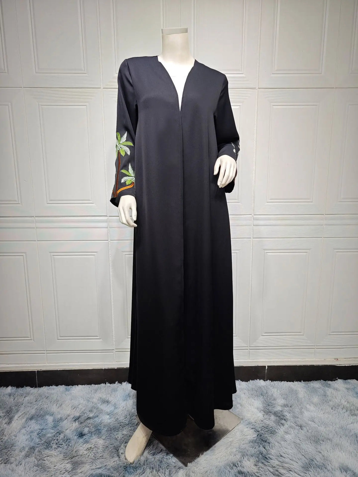 Black Casual Open Kimono Abaya Embroidery Long Sleeve