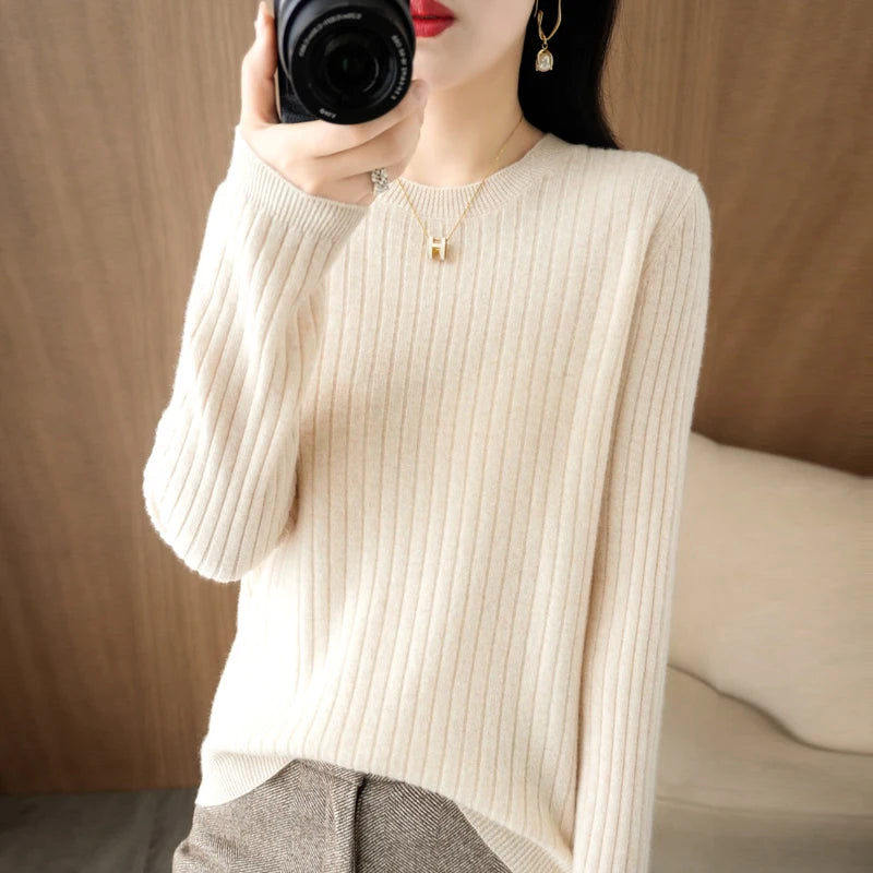 Women Long Sleeve Pullovers O-neck Stripe Sweaters